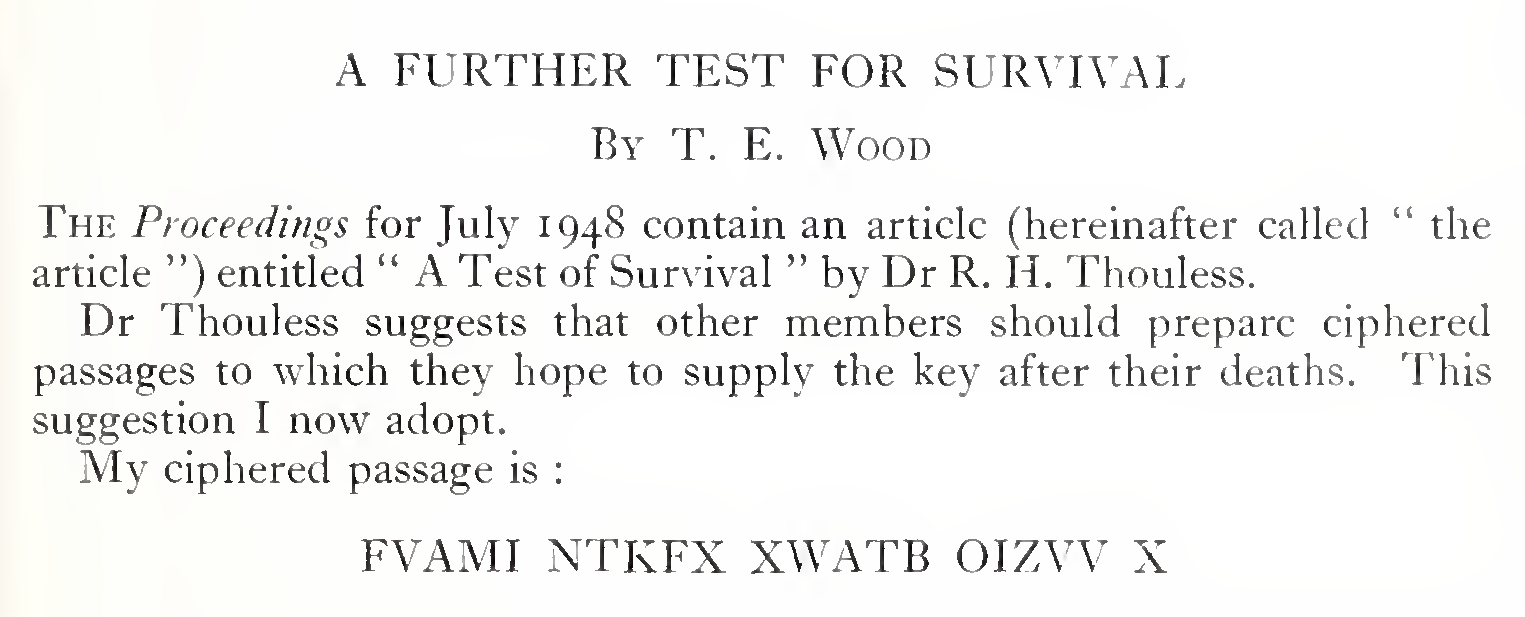 The top of Wood's 1950 article, A Further Test for Survival, by T. E. Wood, ending with his ciphered passage FVAMI NTKFX XWATB OIZVV X